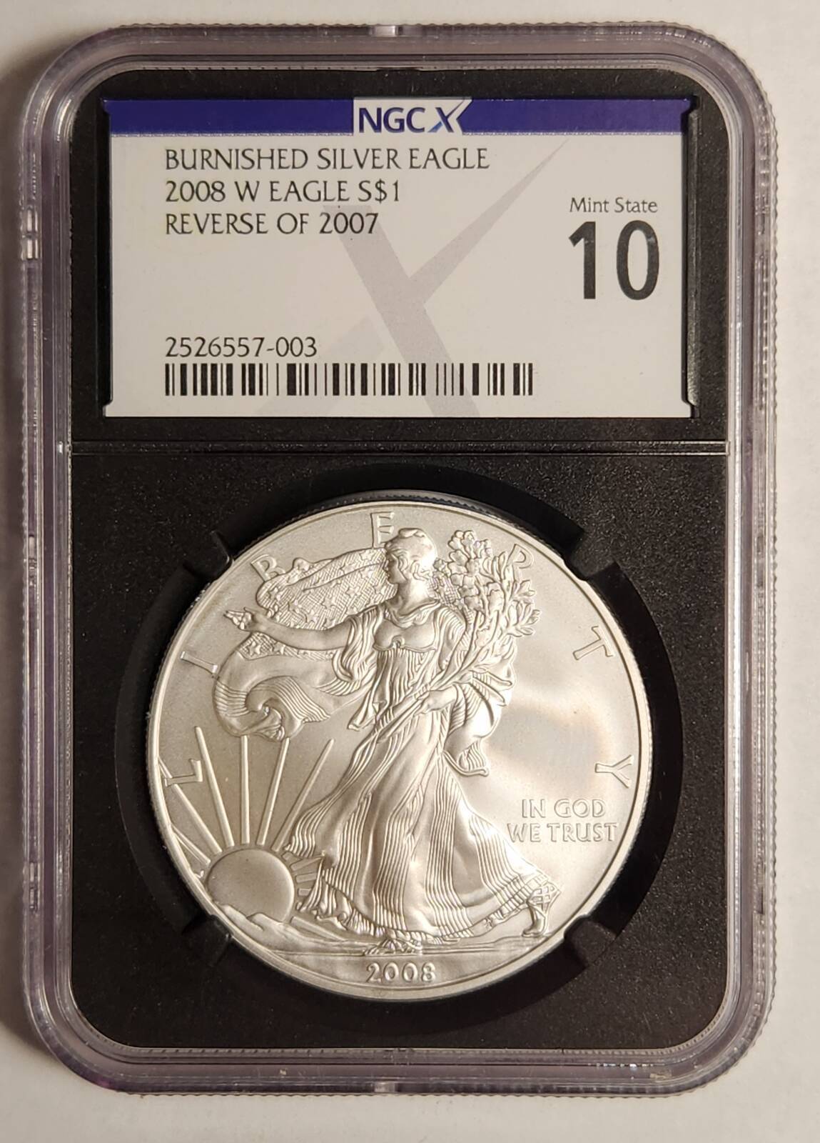 2008/7 Silver Eagle NGCX 10 W BURNISHED SILVER EAGLE REVERSE OF 2007