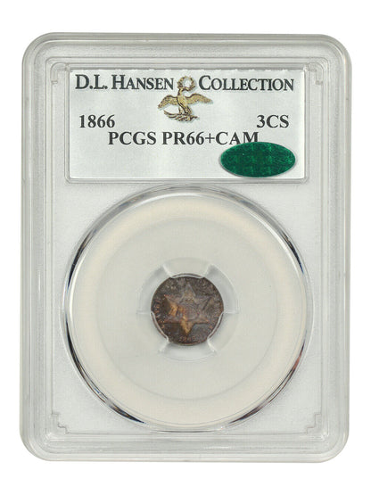 1866 3CS PCGS/CAC PR66+CAM ex: D.L. Hansen - Three Cent Silver