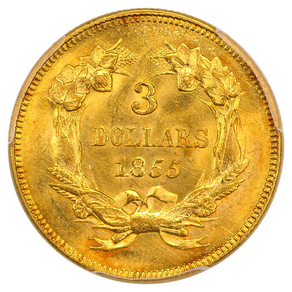 1855 $3 PCGS MS65 ex: D.L. Hansen