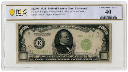 FR. 2210-E 1928 $1000 FRN Richmond PCGS XF40 (Light Green Seal)