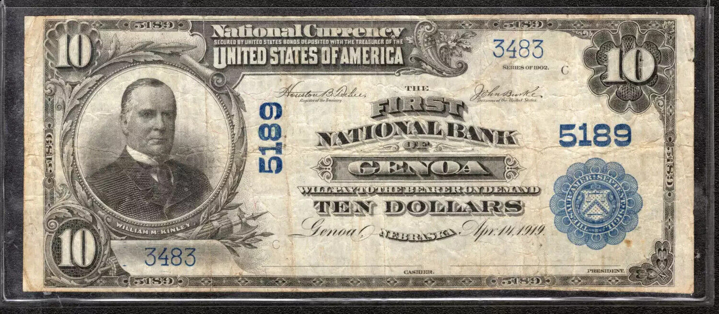 1902 $10 FIRST NATIONAL BANKNOTE CURRENCY GENOA NEBRASKA FR. 632 (3483)