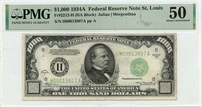 1934A $1000 Federal Reserve Note St. Louis Green Fr# 2212-H PMG AU50