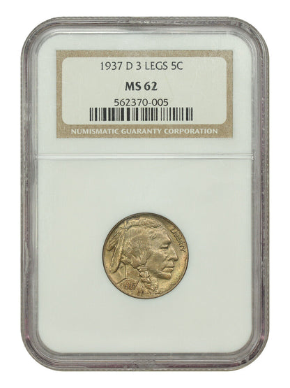 1937-D 5C NGC MS62 (3 Legs) - Buffalo Nickel - Popular Scarce Variety