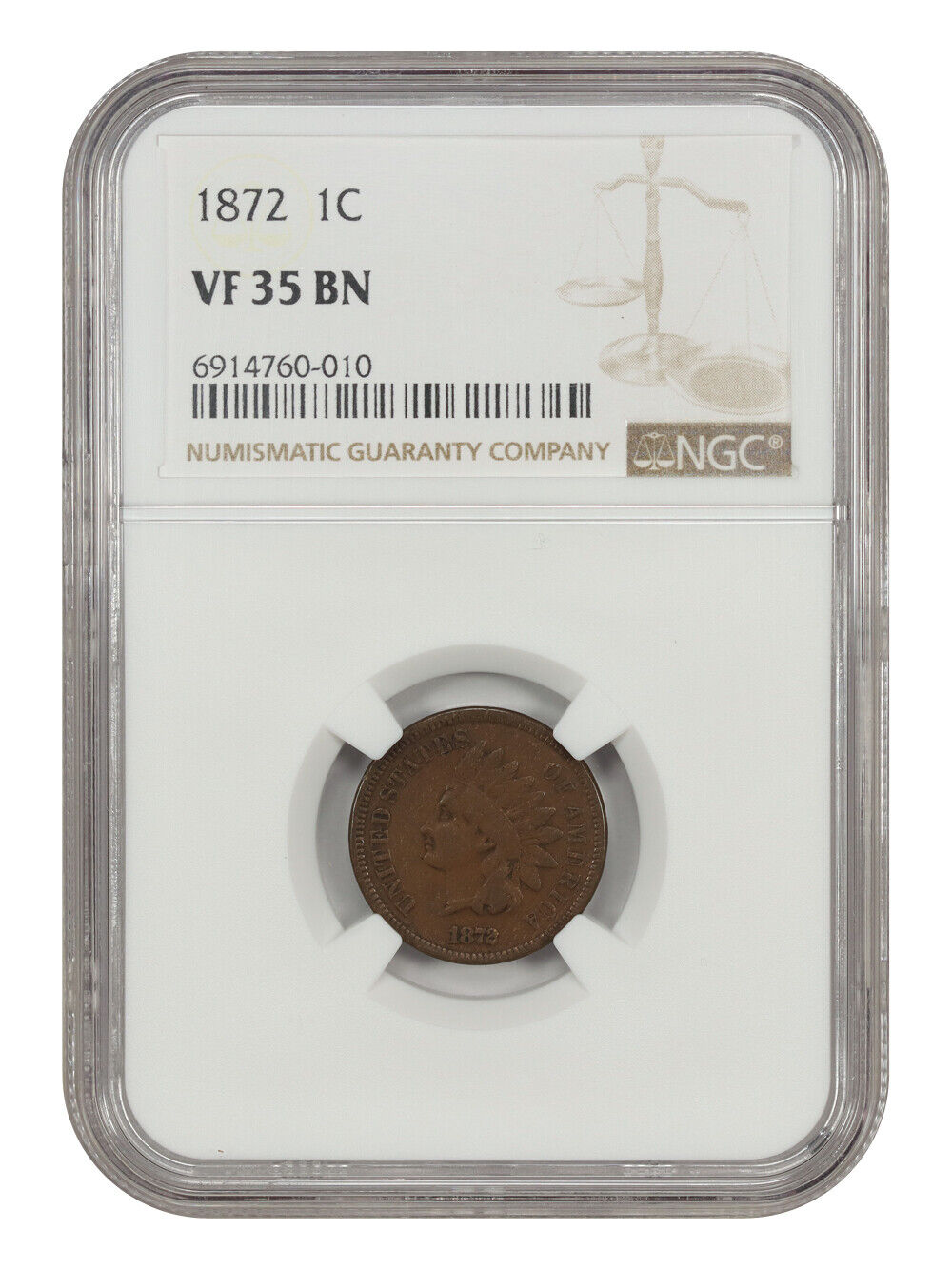 1872 1C NGC VF35 - Indian Cent - Key Date