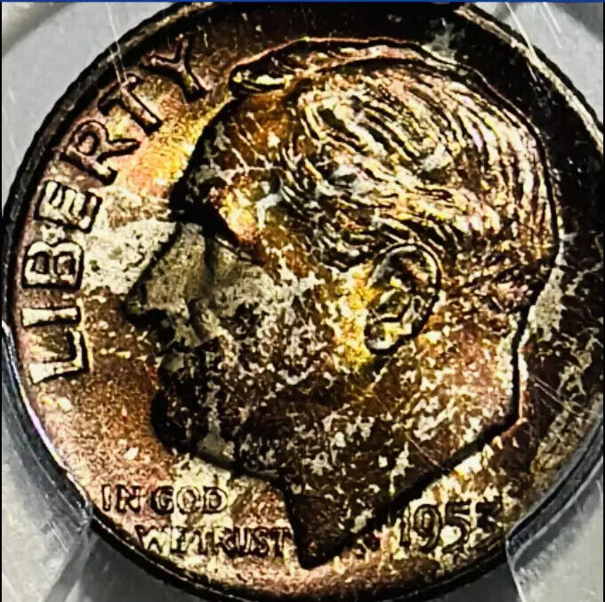 1953 D Dimes Roosevelt PCGS MS-66 FB Rainbow Toning