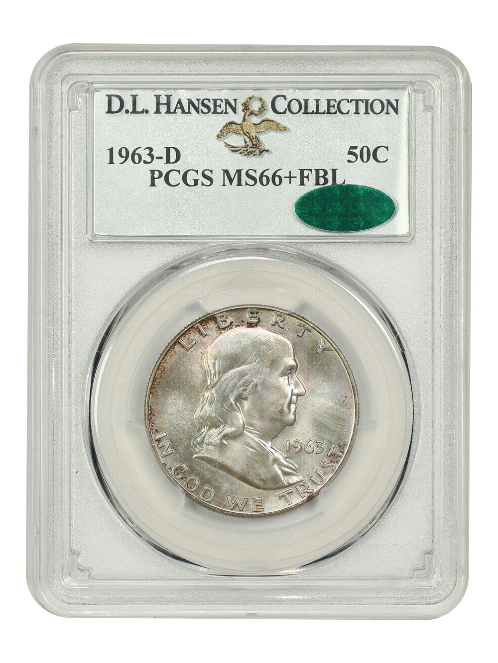 1963-D 50C PCGS/CAC MS66+FBL ex: D.L. Hansen - Franklin Half Dollar