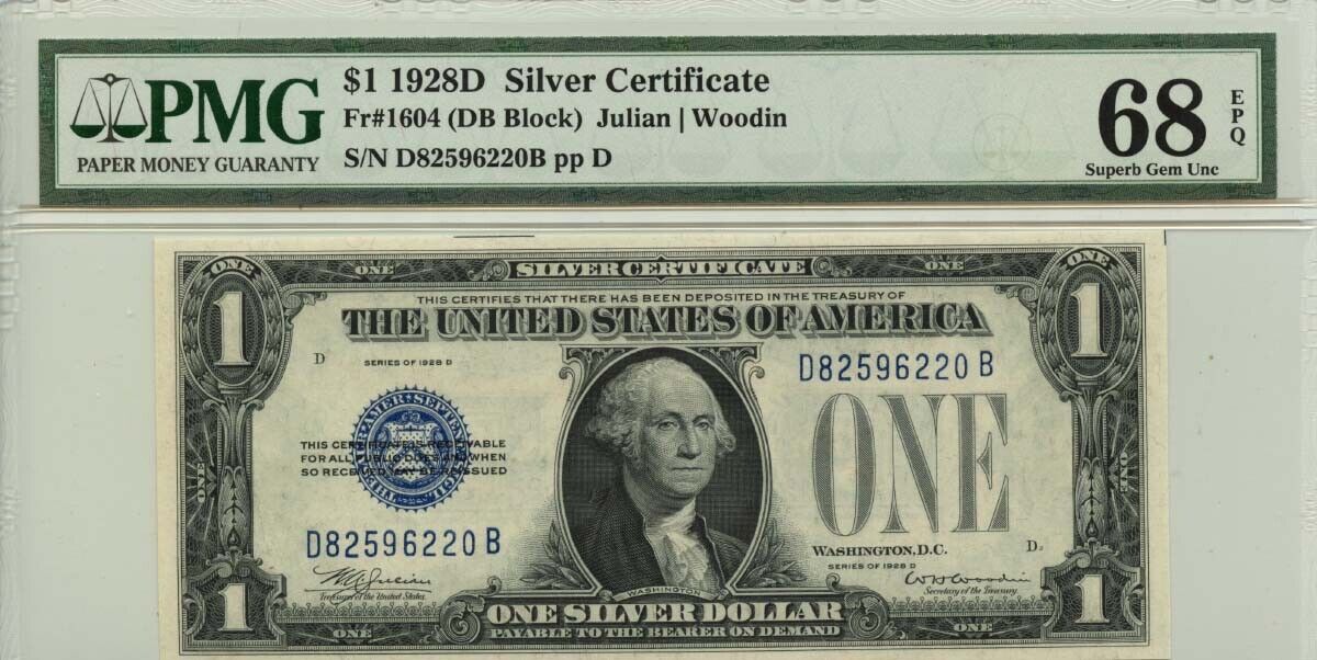 1928D $1 Silver Certificate Blue Seal Fr# 1604 PMG Superb 68 EPQ