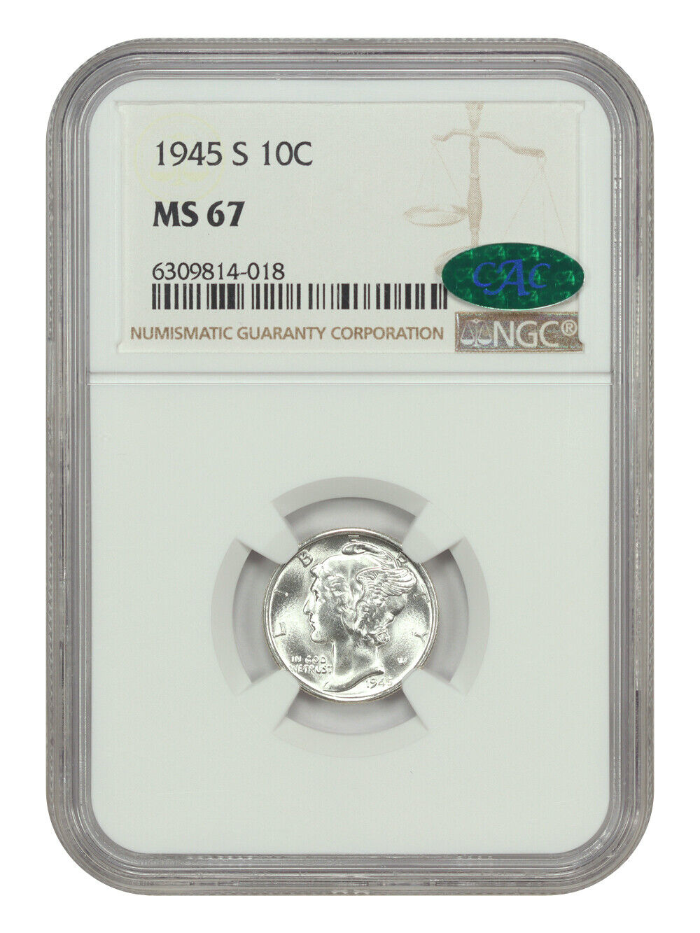 1945-S 10C NGC/CAC MS67 - Mercury Dime