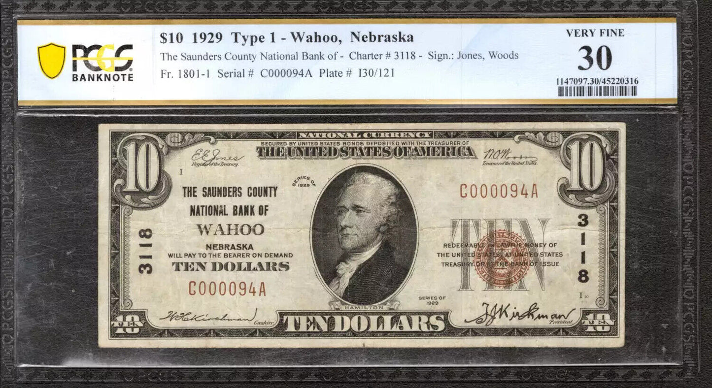 1929 $10 SAUNDERS COUNTY NATIONAL BANKNOTE WAHOO NEBRASKA PCGS 30 VF (094A)