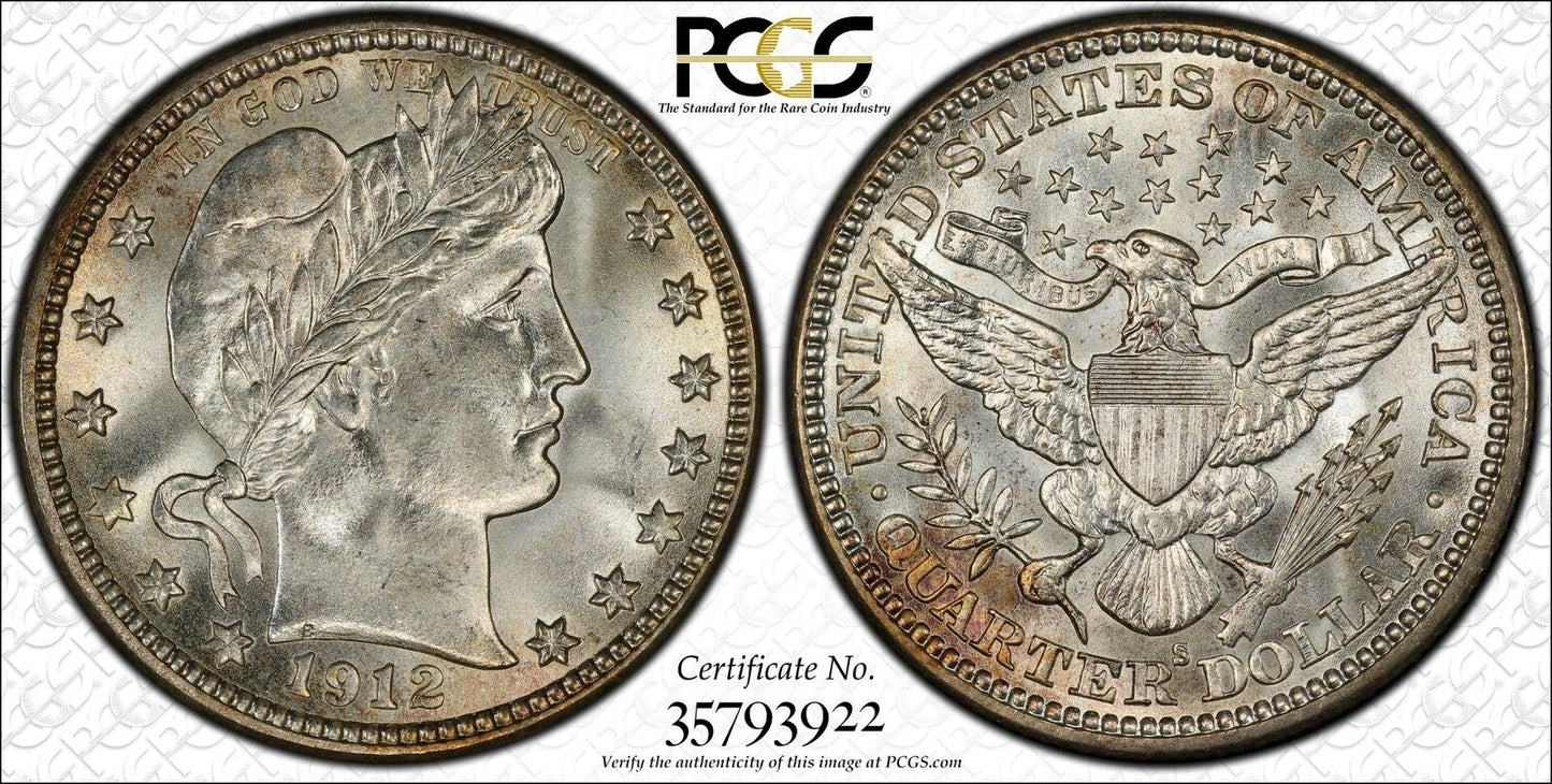 1912-S 25C Barber Quarter PCGS MS67 (CAC) Pop 2