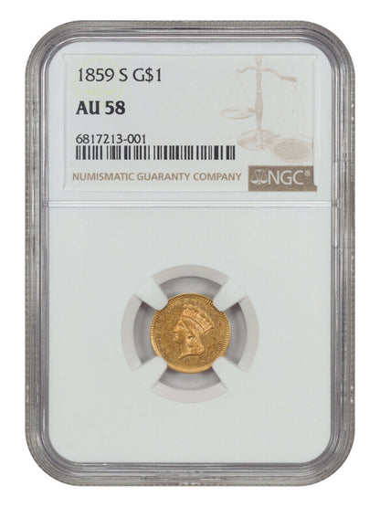 1859-S G$1 NGC AU58 - Gold Dollar - Scarce Low Mintage Gold Dollar