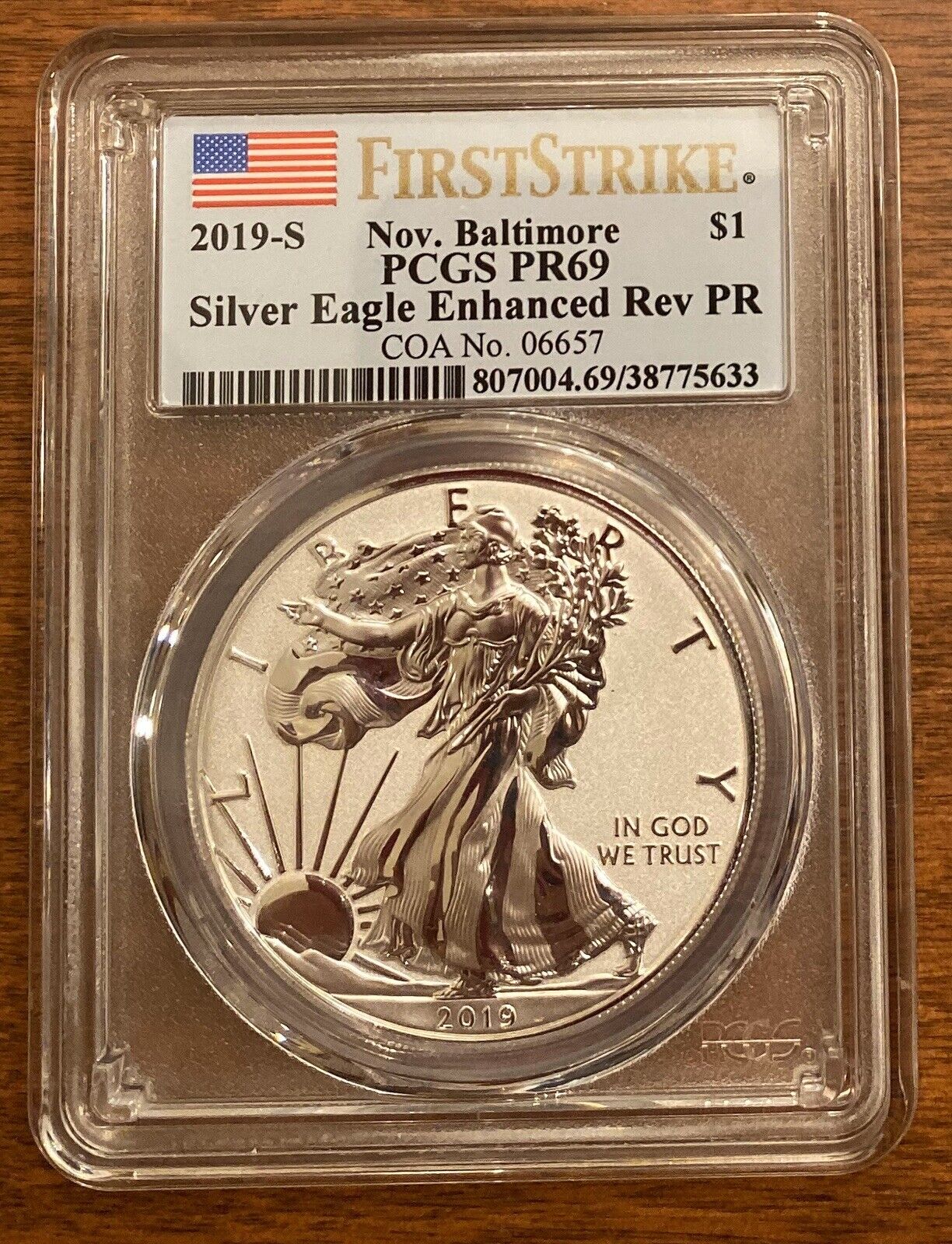 2019-S Silver Eagle PCGS PR 69 Enhanced Rev.Pf BALTIMORE Label CoA #may Differ