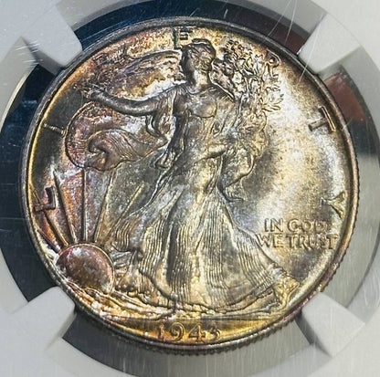 1943 P Walking Liberty Half Dollar NGC MS-67 Rainbow Toning