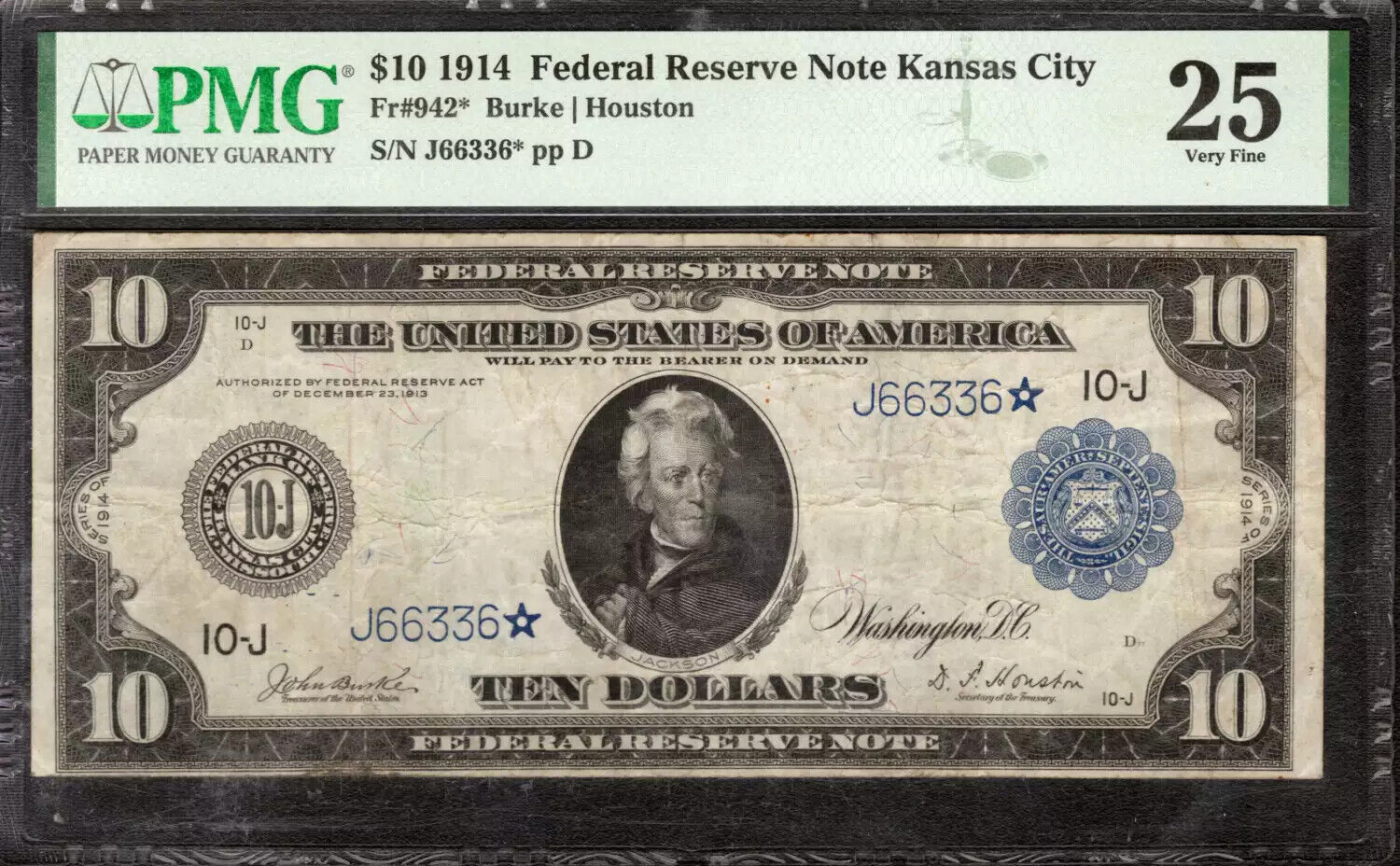 1914 $10 FEDERAL RESERVE STAR NOTE FR.942* KANSAS CITY PMG VF 25 VERY FINE (336*