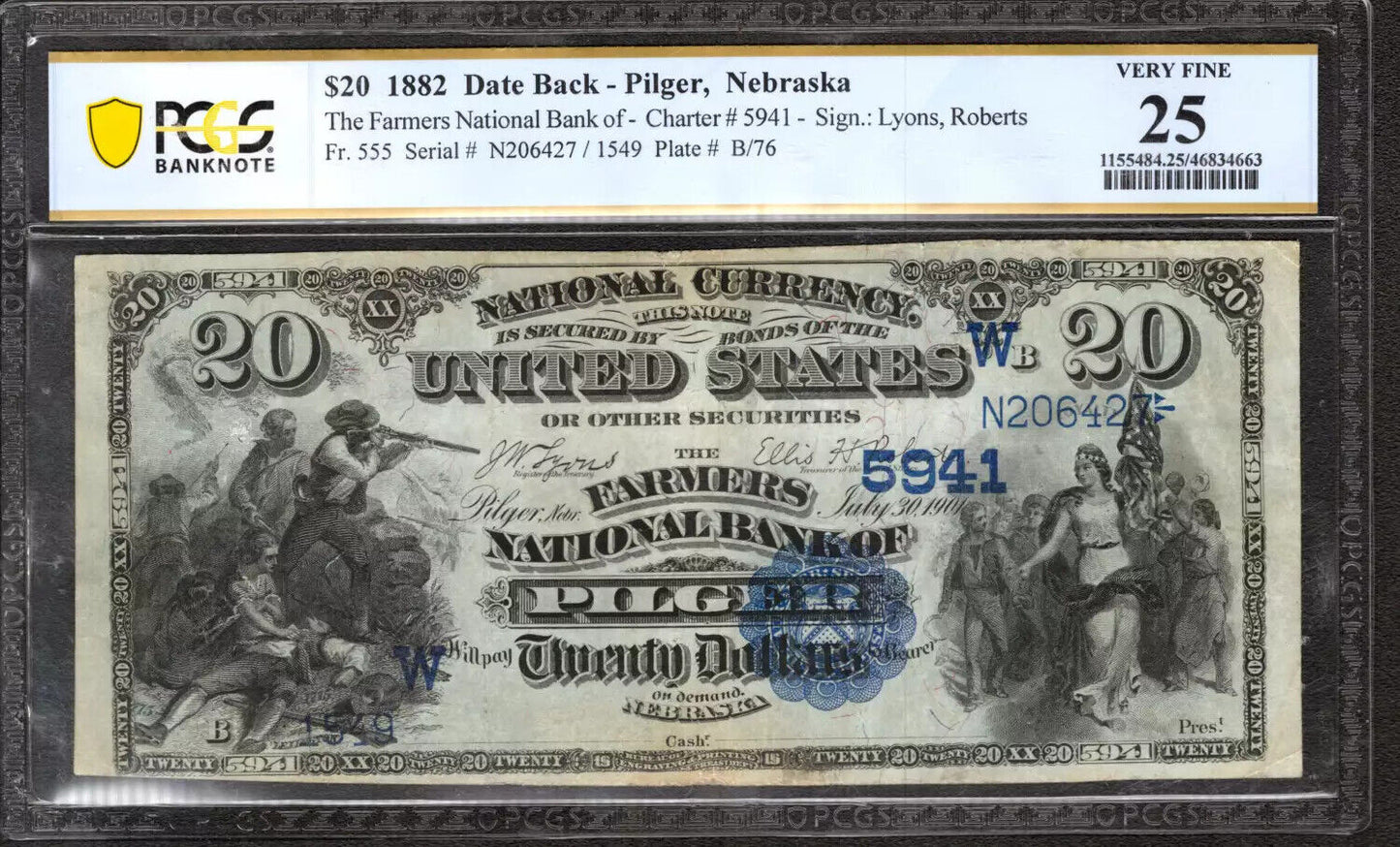 1882 $20 FARMERS NATIONAL BANKNOTE CURRENCY PILGER NEBRASKA PCGS 25 VF FINE (427