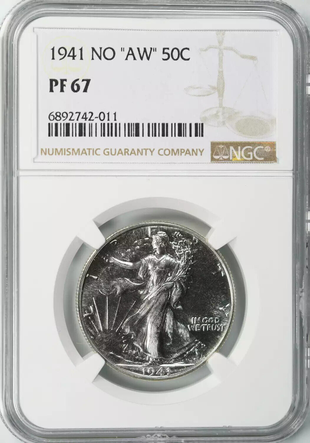 1941 PROOF WALKING LIBERTY HALF DOLLAR 50C NGC CERTIFIED PF 67 NO 'AW' (011)