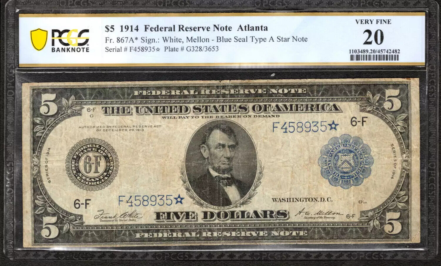 1914 $5 FEDERAL RESERVE STAR NOTE FR.867a* ATLANTA PCGS VF 20 VERY FINE (935*)