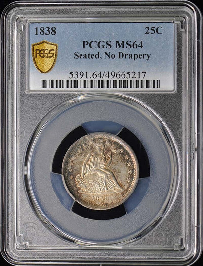 1838 No Drapery Seated Liberty Quarter 25C PCGS MS64