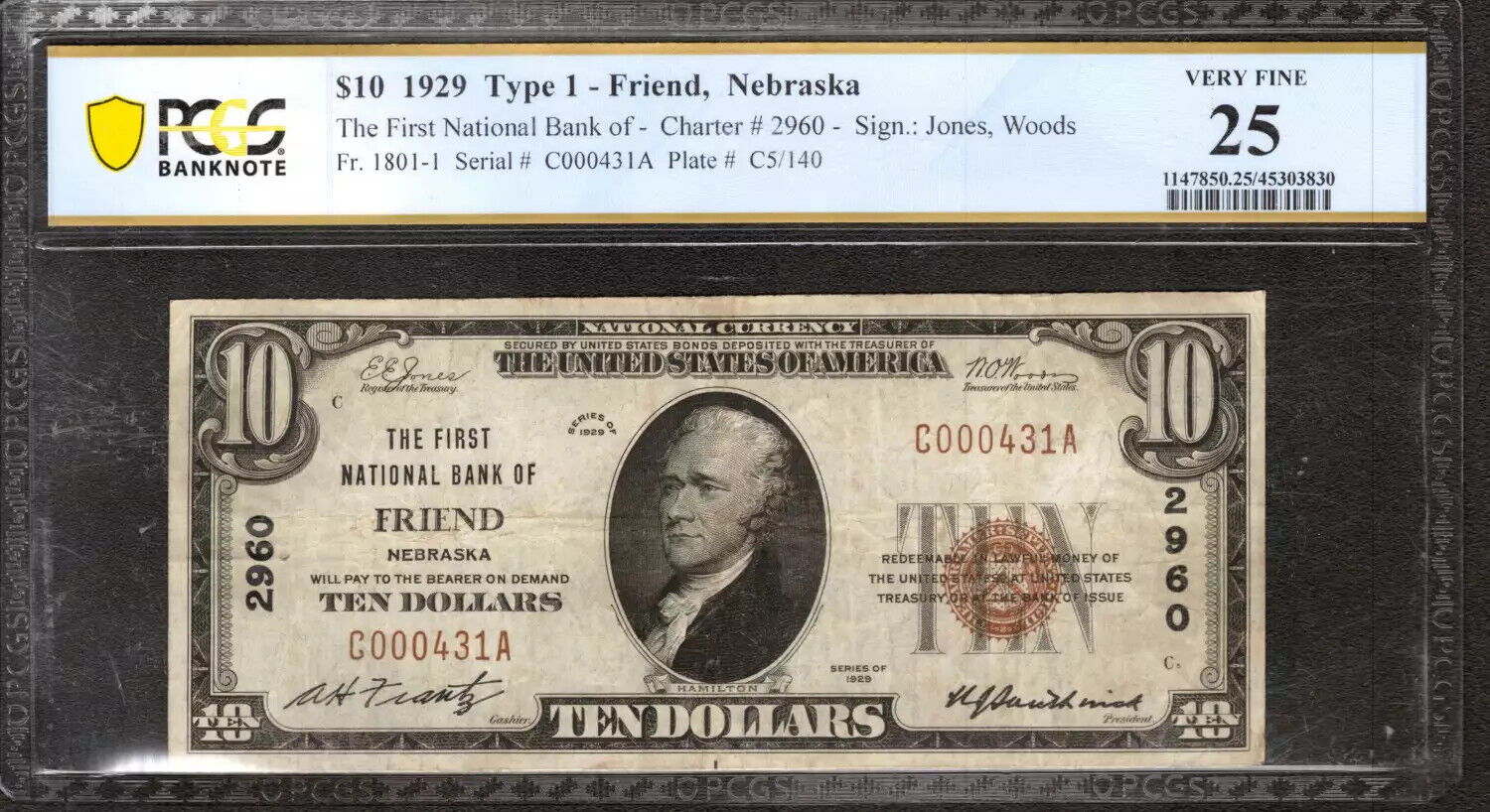 1929 $10 FIRST NATIONAL BANKNOTE CURRENCY FRIEND NEBRASKA PCGS 25 VF (431A)