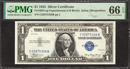 1935 $1 EXPERIMENTAL SILVER CERTIFICATE FR.1607exp C-B BLOCK PMG 66 EPQ (326B)