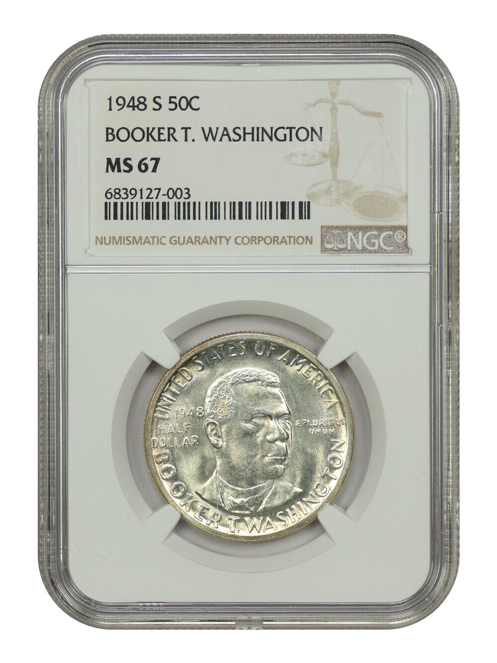 1948-S 50C Booker T. Washington NGC MS67 - Classic Silver Commemorative