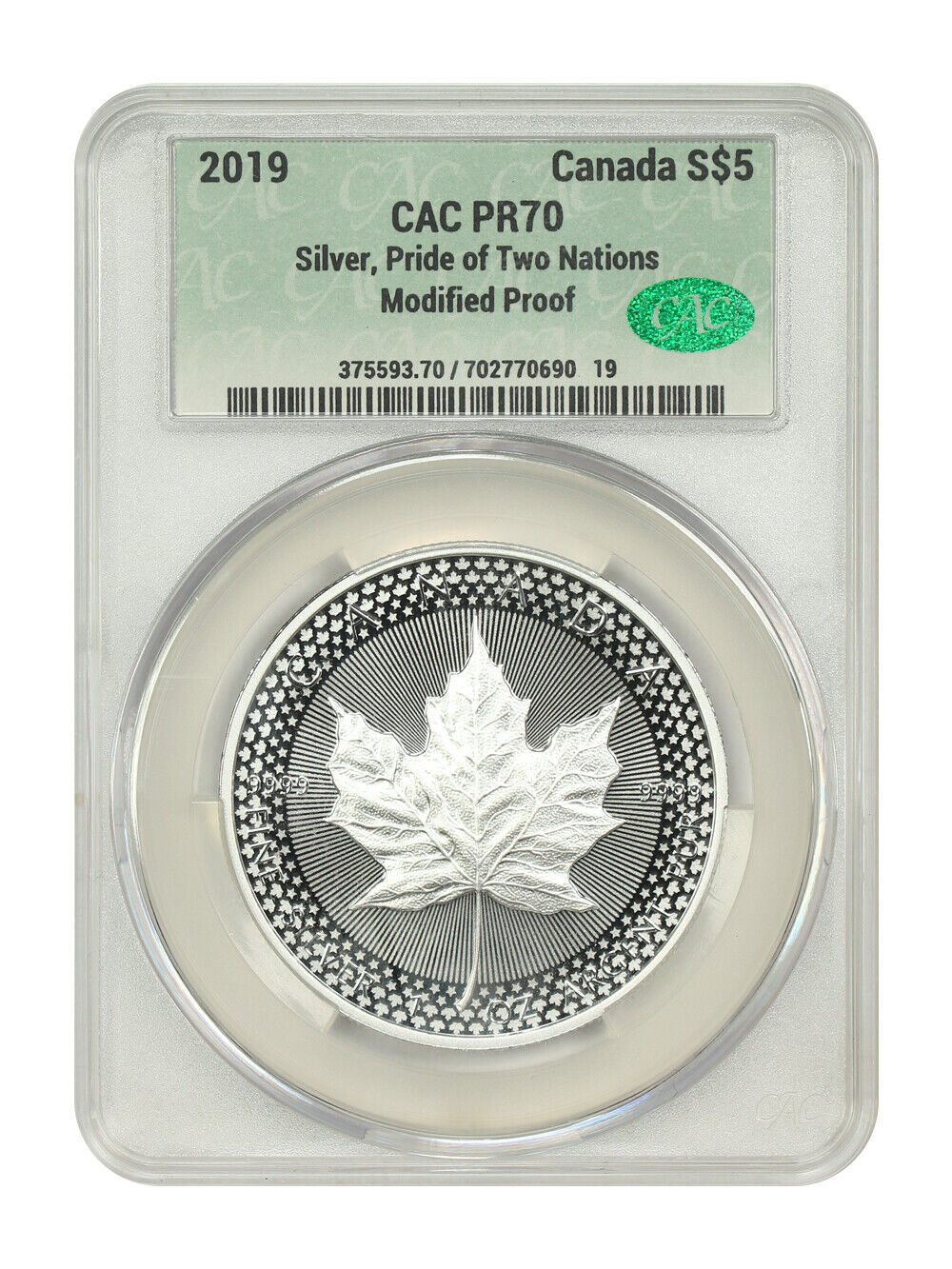 Canada: 2019 Silver $5 Maple Leaf CACG PR70 (Modified Proof, Pride of Two Nation