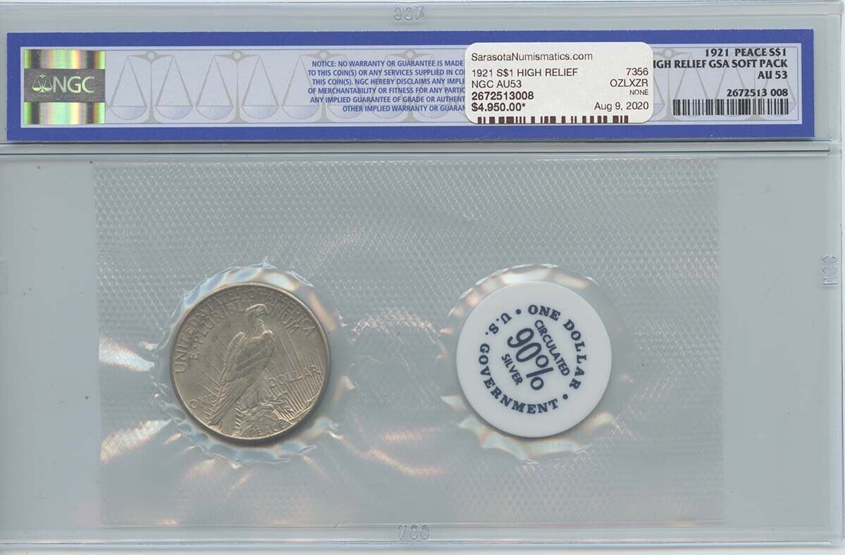 1921 Peace Dollar HIGH RELIEF GSA SOFT PACK S$1 NGC AU53