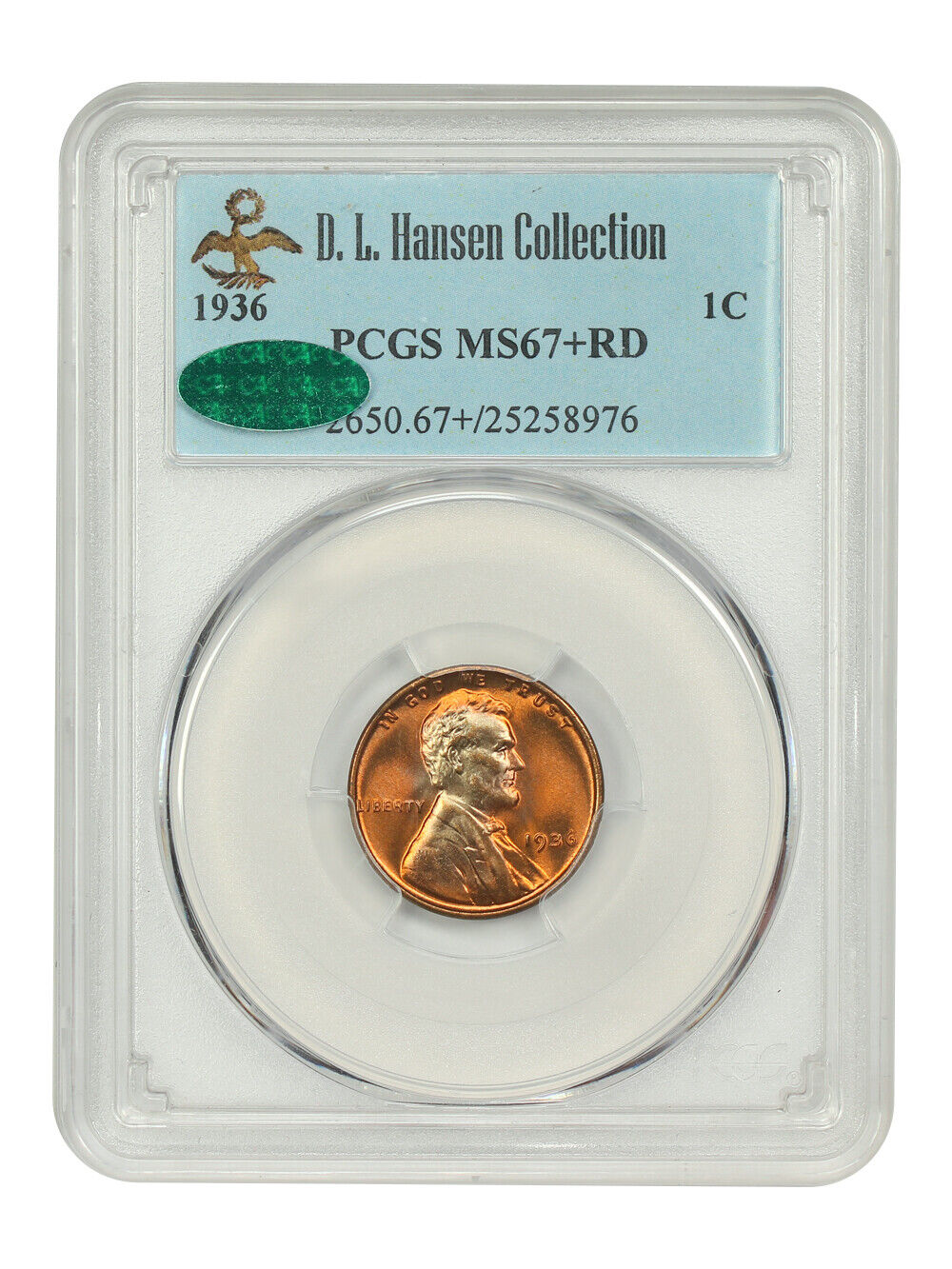 1936 1C PCGS/CAC MS67+RD ex: D.L. Hansen - Lincoln Cent (Wheat Reverse)