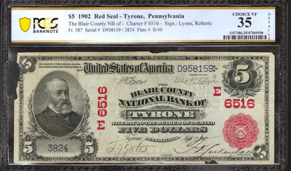 1902 RED SEAL $5 BLAIR COUNTY NATIONAL BANK NOTE TYRONE PENNSYLVANIA PCGS 35 NET