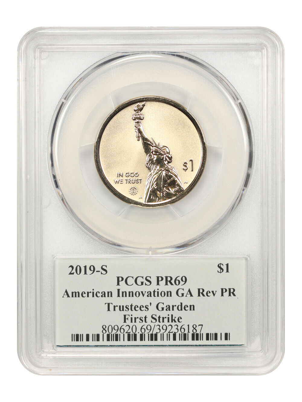 2019-S $1 Amer. Innovation PCGS PR69 (GA Trustees' Garden, Rev Proof, First Stri