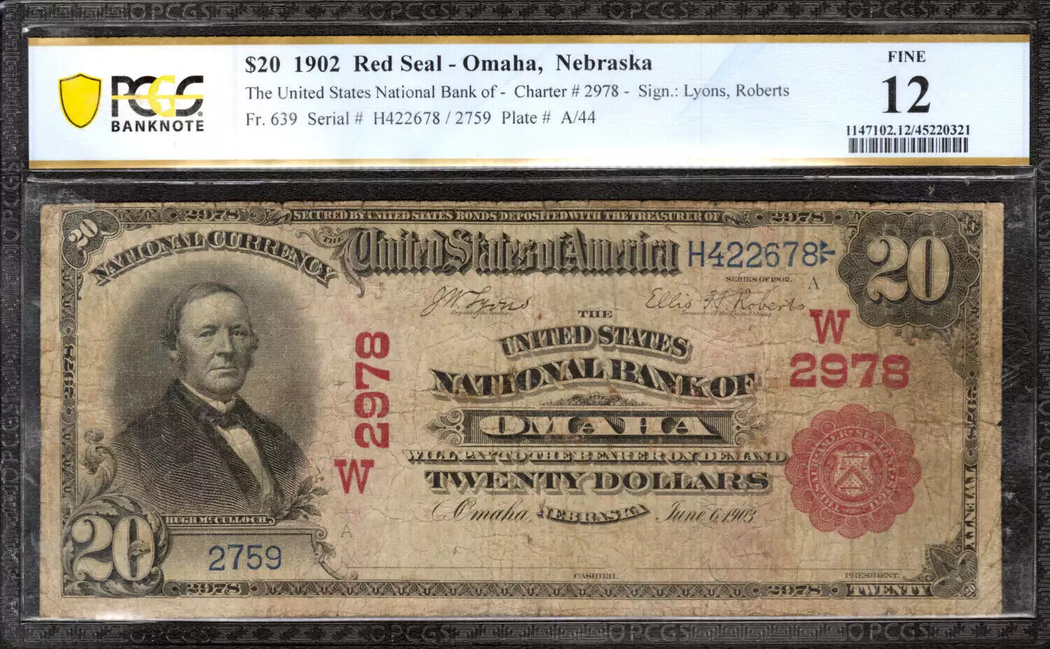 1902 RED SEAL $20 UNITED STATES NATIONAL BANKNOTE OMAHA NEBRASKA PCGS B FINE 12