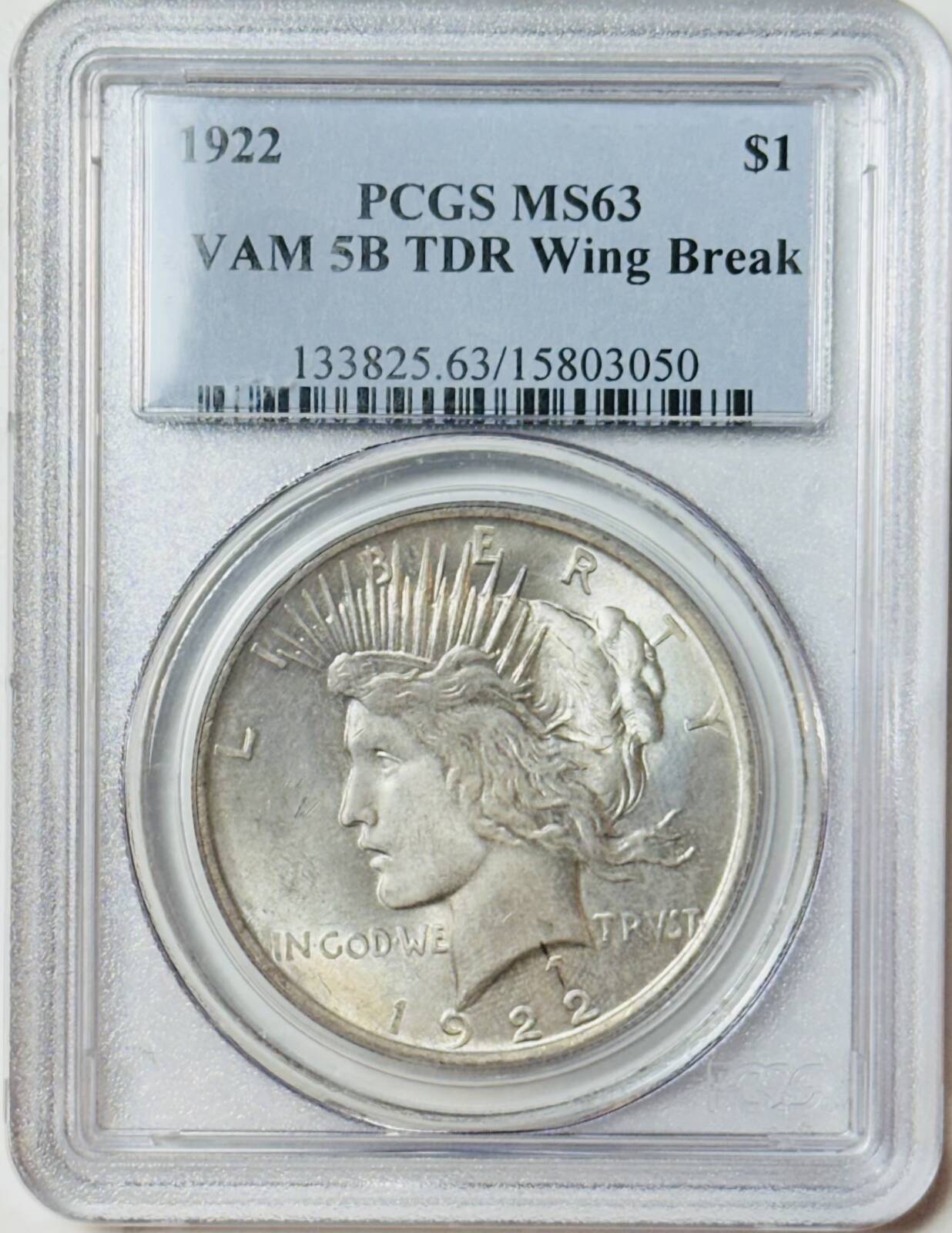 Peace Silver Dollar 1922 P PCGS MS-63 VAM 5B TDR Wing Break