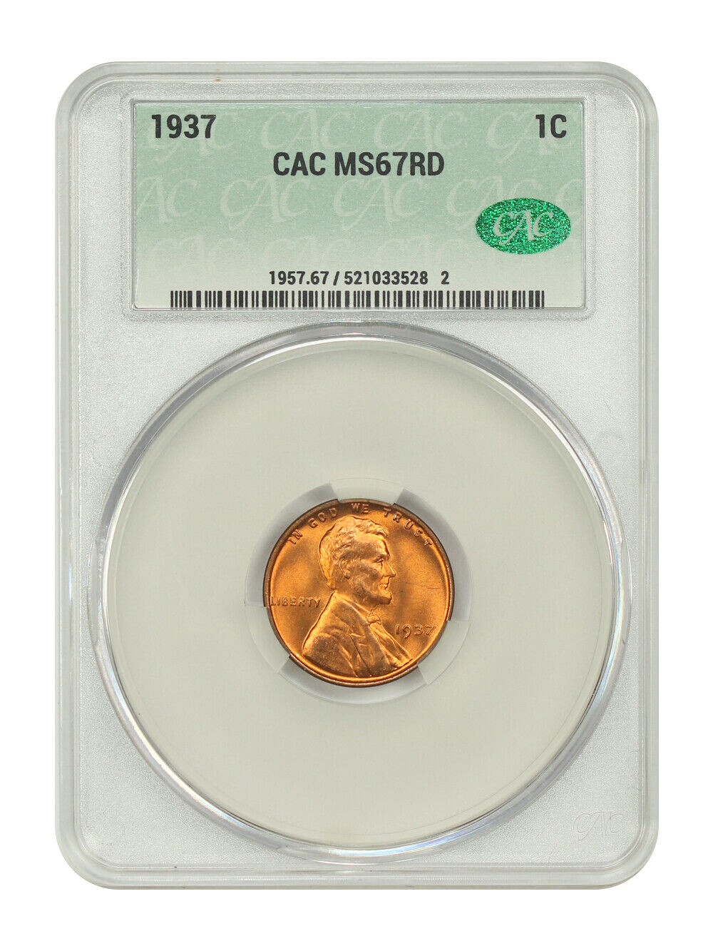 1937 1C CACG MS67RD - Lincoln Cent (Wheat Reverse)