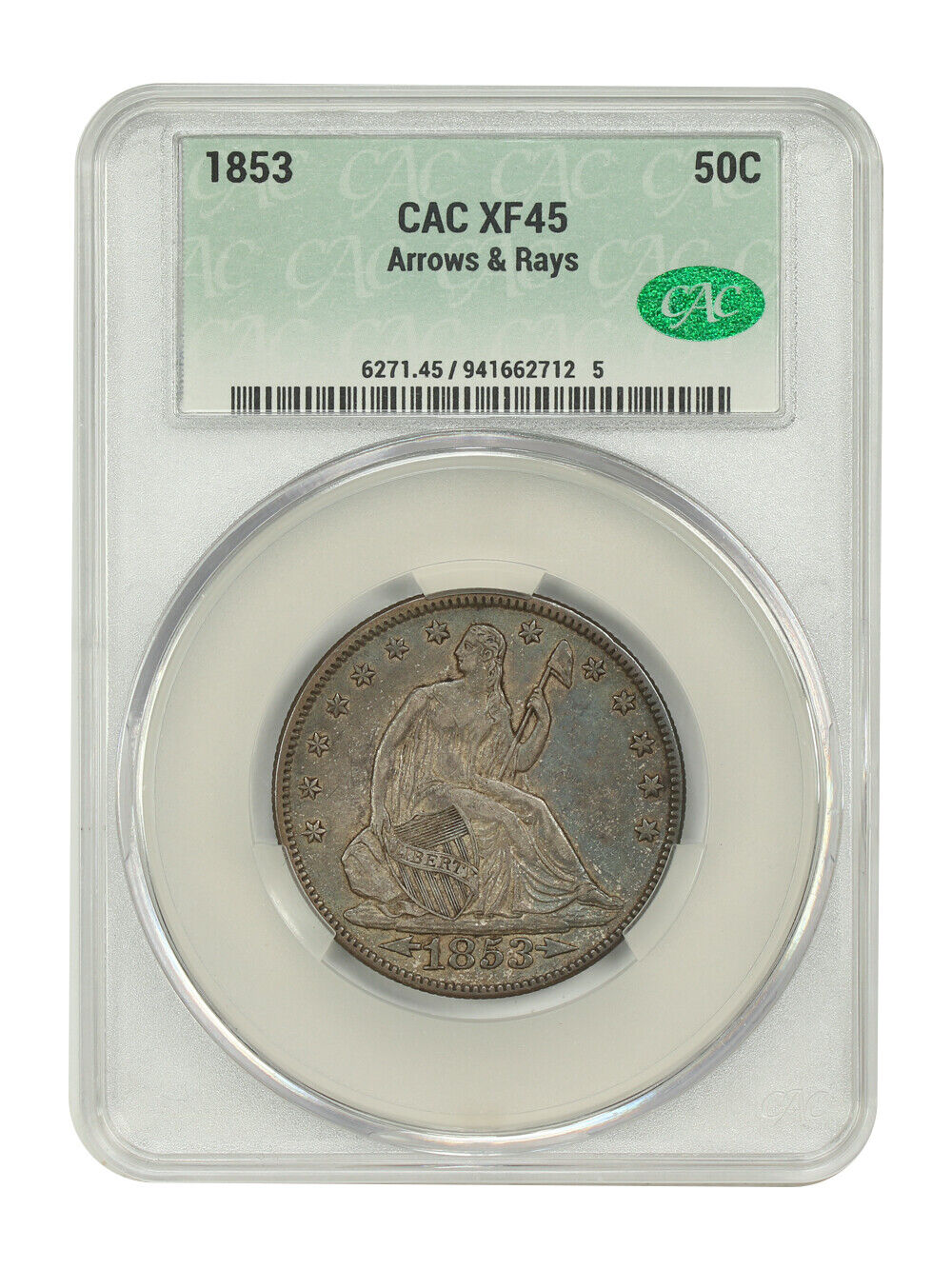 1853 50C CACG XF45 (Arrows and Rays) - Liberty Seated Half Dollar