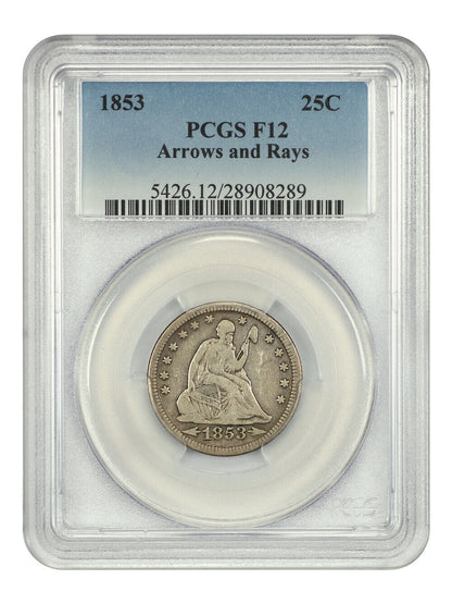 1853 25C PCGS Fine 12 (Arrows and Rays) - Liberty Seated Quarter