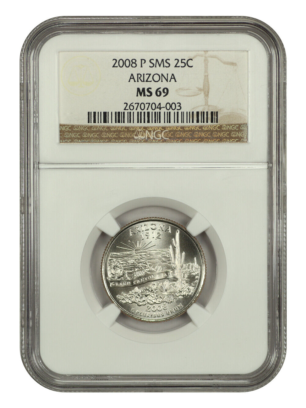 2008-P 25C Arizona NGC SP69 (Satin Finish) - Washington 50 States Quarters