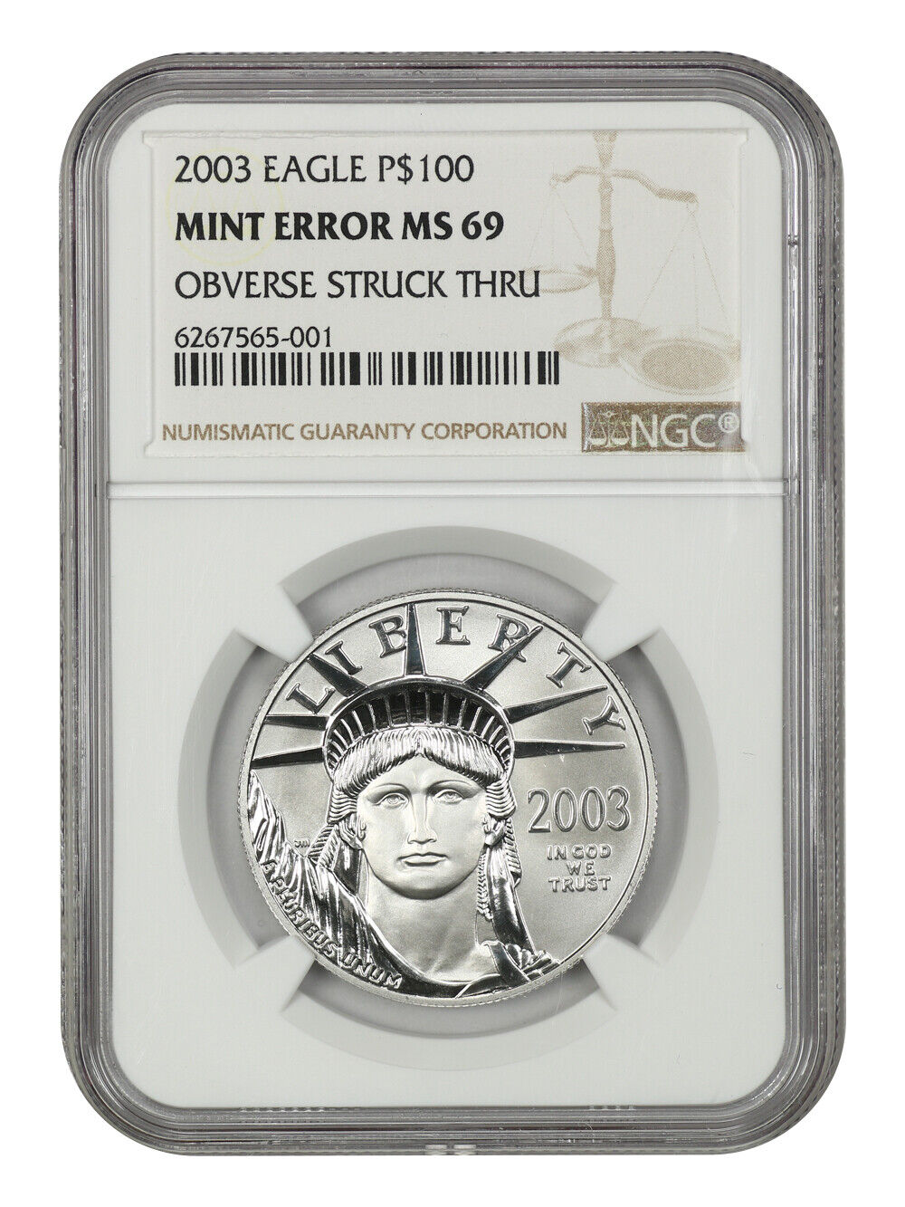 Mint Error: 2003 Platinum Eagle $100 NGC MS69 (Obverse Struck Thru)