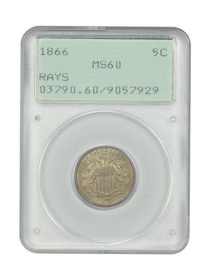 1866 5C PCGS MS60 (Rays, OGH Rattler) - Shield Nickel