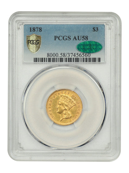 1878 $3 PCGS/CAC AU58 - Three Dollar - Popular Gold Type Coin