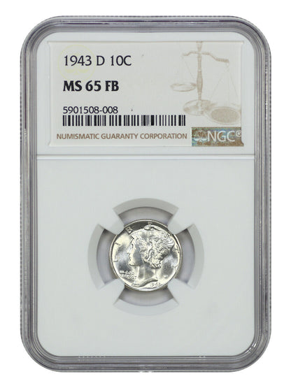 1943-D 10C NGC MS65FB - Mercury Dime