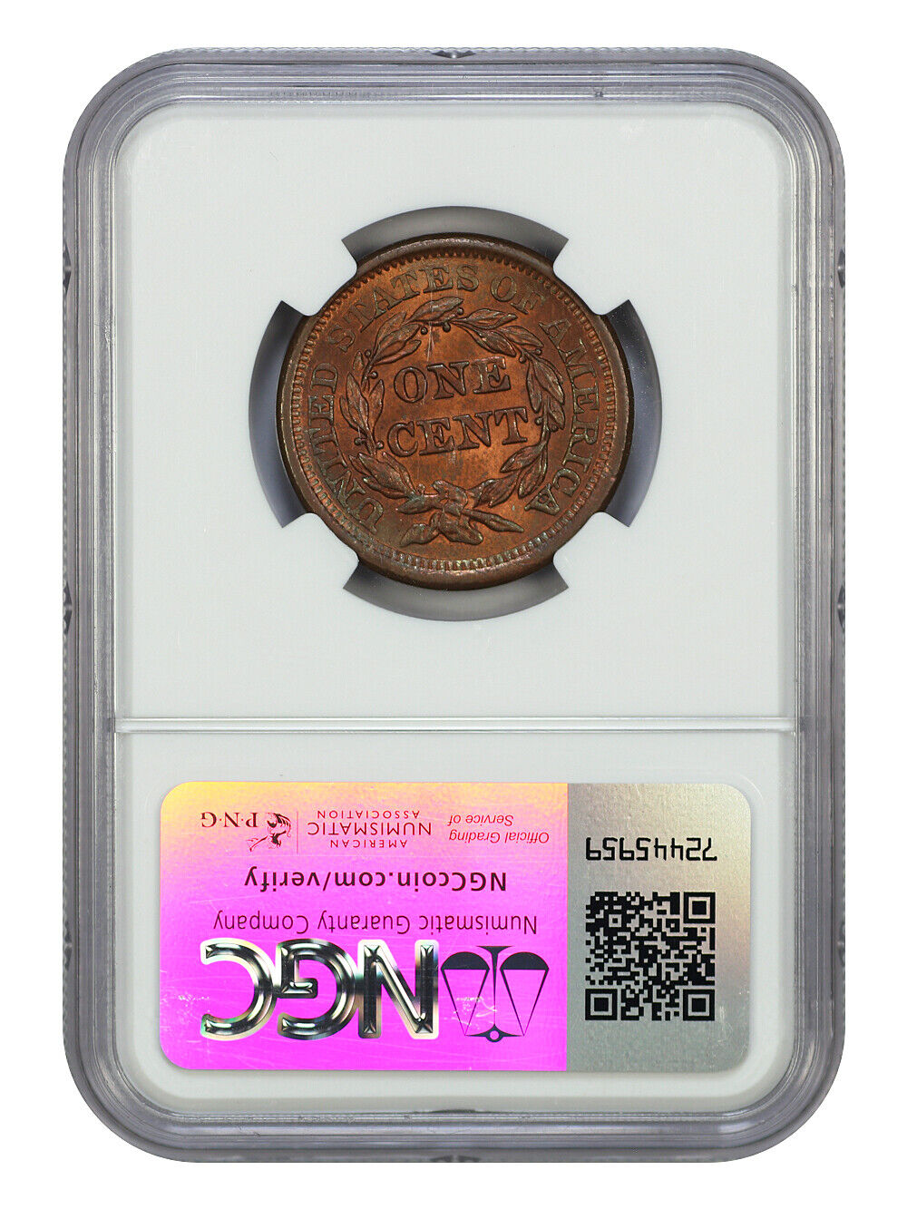 1856 1C NGC MS65RB (Slanted 5) - Braided Hair Cent - Plenty of Red