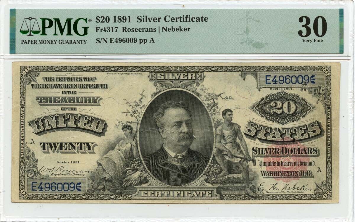 1891 $20 Silver Certificate Small Red Fr# 317 PMG VF30