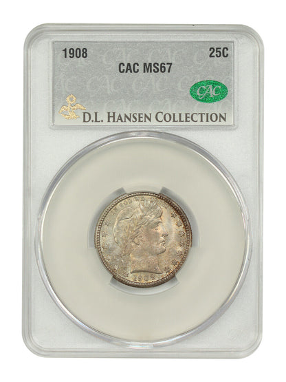 1908 25C CACG MS67 ex: D.L. Hansen - Barber Quarter