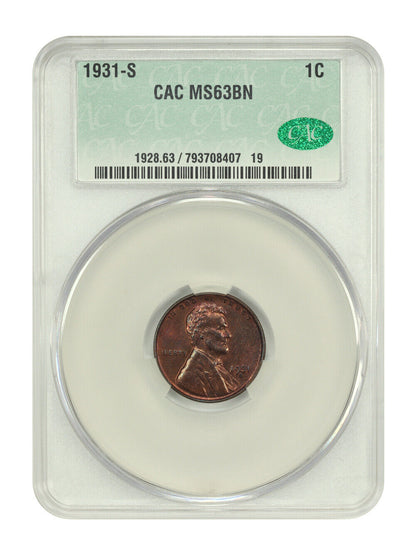 1931-S 1C CACG MS63BN - Lincoln Cent (Wheat Reverse) - Affordable Key Date