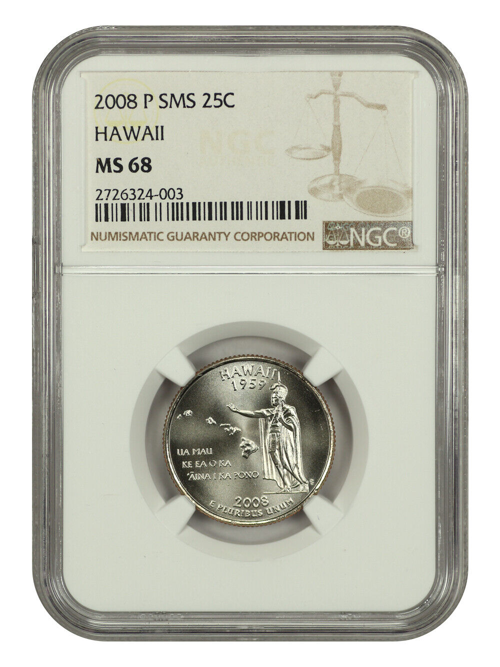 2008-P 25C Hawaii NGC SP68 (Satin Finish) - Washington 50 States Quarters