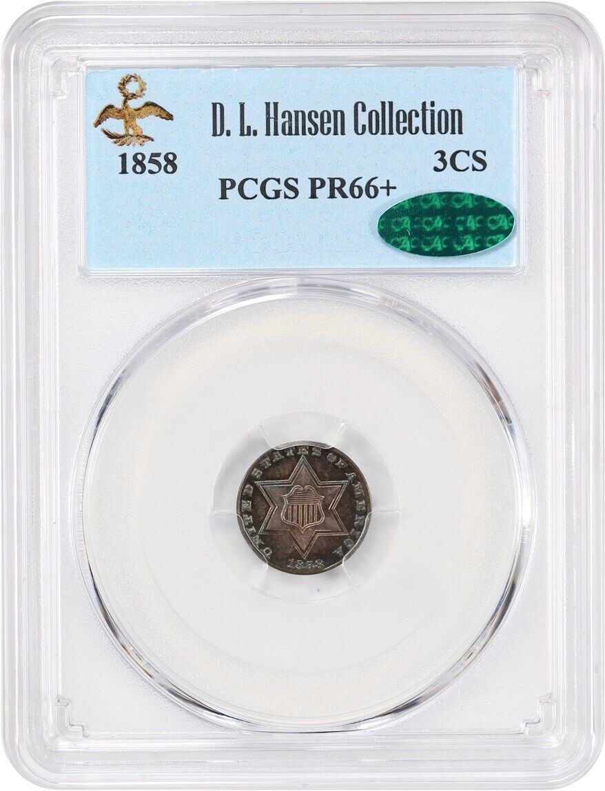 1858 3cS PCGS/CAC Proof 66+ ex: D.L. Hansen