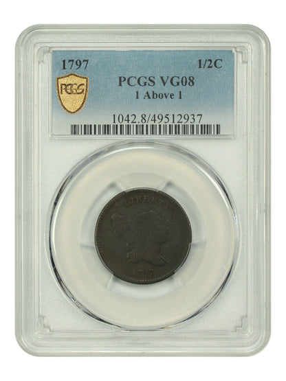 1797 1/2C PCGS VG08 (1 Above 1) - Liberty Cap Half Cent - Neat Variety