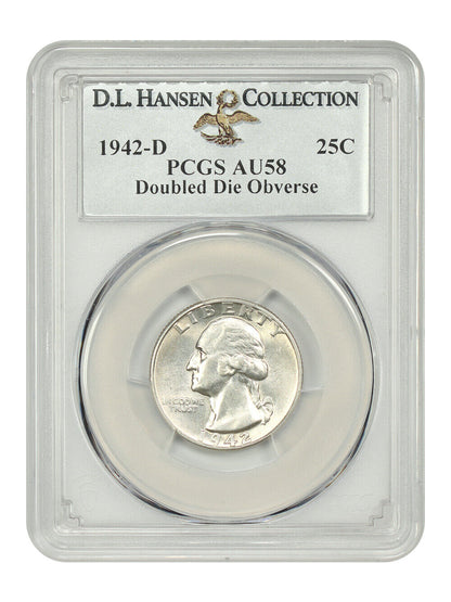 1942-D 25C PCGS AU58 (Doubled Die Obverse) ex: D.L. Hansen - Washington Quarter