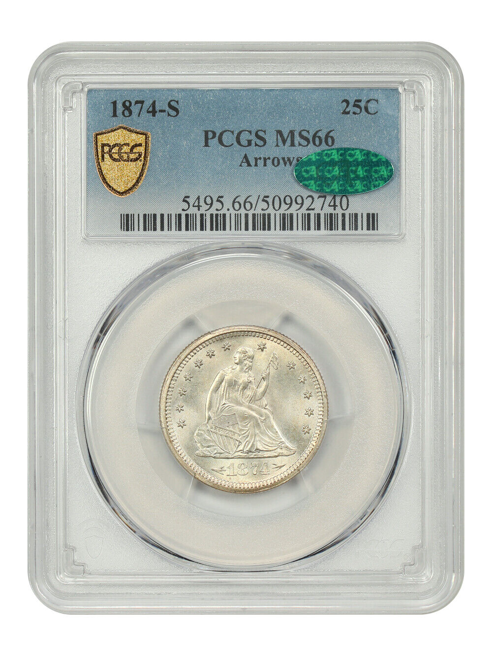 1874-S 25C PCGS/CAC MS66 (Arrows) - Liberty Seated Quarter