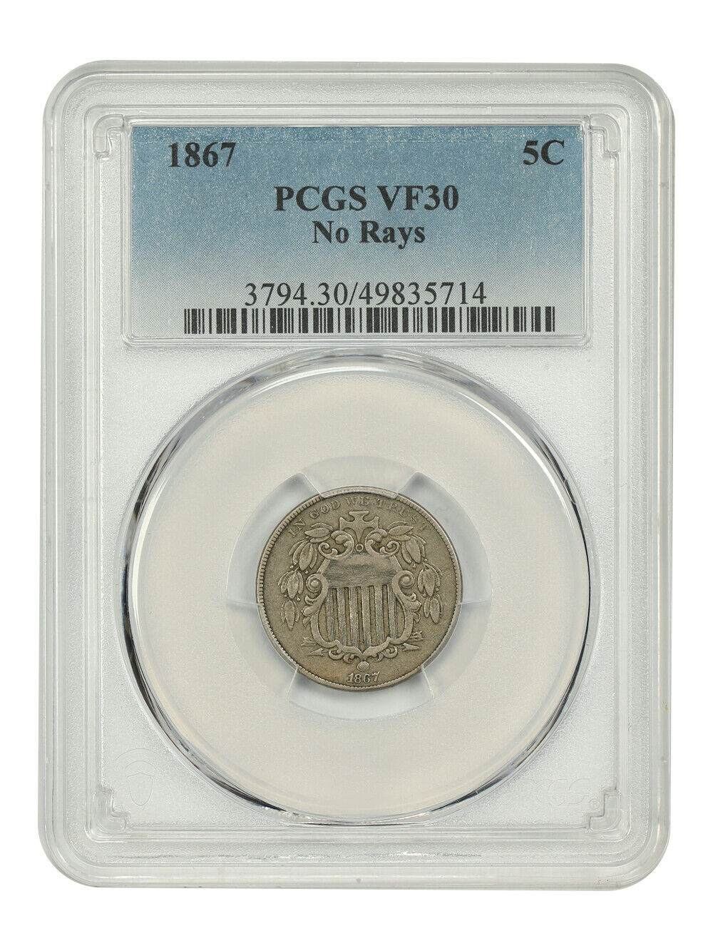 1867 5C PCGS VF30 (No Rays) - Shield Nickel